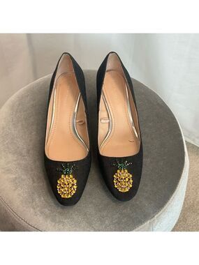 Zara Crystal rhinestone pineapple black denim round toe block heel shoes 39